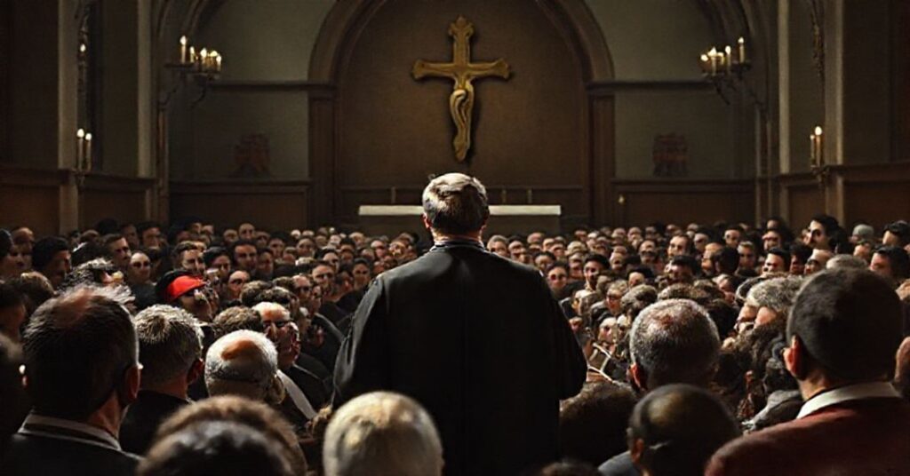 Zdjęcie Maxime Berniera przemawiającego przed tłumem z tłem kościoła katolickiego.