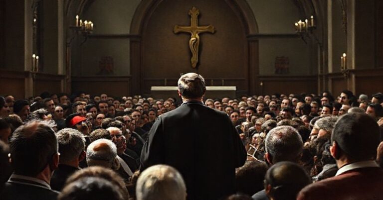 Zdjęcie Maxime Berniera przemawiającego przed tłumem z tłem kościoła katolickiego.