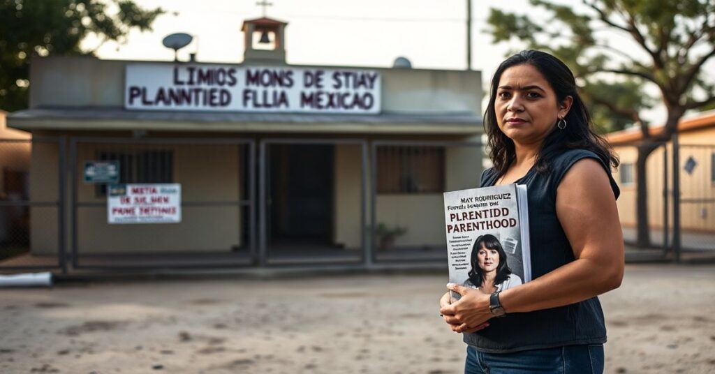Mayra Rodríguez stoi przed zamkniętym centrum aborcyjnym ze swoim miastem 'Mayra Rodríguez vs. Planned Parenthood', symbolizując swoją konwersję i walkę z przemysłem aborcyjnym.
