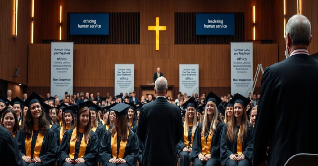 Uroczysta graduacja absolwentów studiów podyplomowych MBA w ochronie zdrowia na UKSW z rektorem ks. prof. Ryszardem Czekalskim w akademickiej auli.