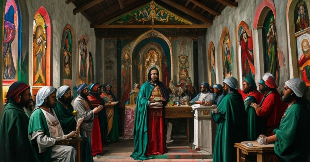 Męczennicy Cristero modlący się w kaplicy z biskupem Pedro Meną na tle, symbolizującym sprzeczność między ich męczeństwem a modernistycznym podchodzeniem do historii.