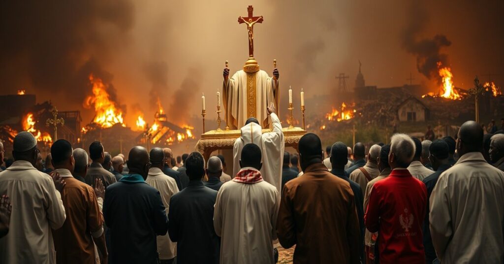 Grupa katolików modli się w Kongu podczas ataków islamistów ADF; na pierwszym planie kapłan uniesiony hostią. Tło przedstawia palące się kościoły i uciekających cywilów.