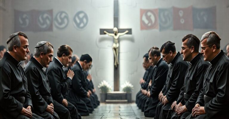 Zdjęcie przedstawiające beatyfikację jedenastu kapłanów jako męczenników nazizmu i komunizmu w tradycyjnym katoliczym stylu.