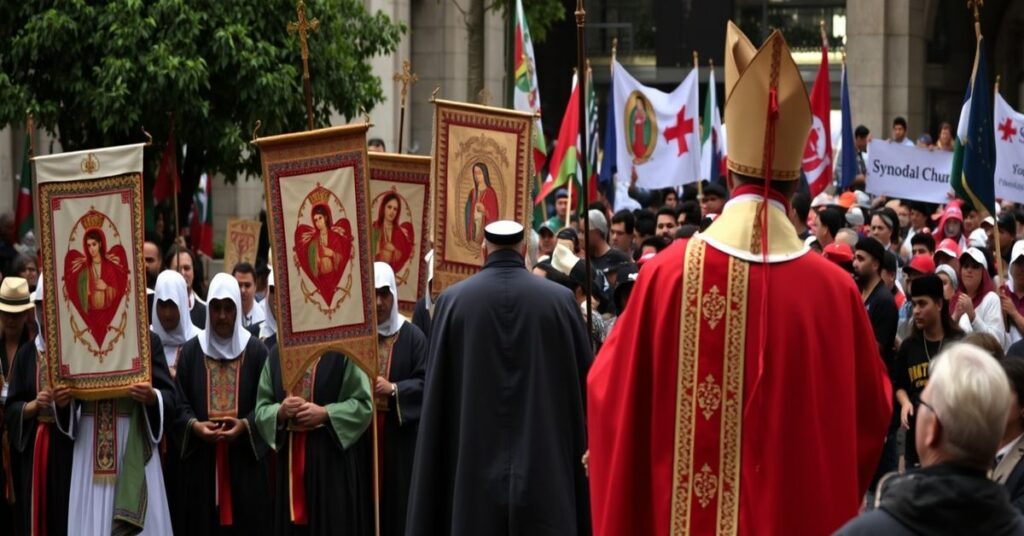 Tradycyjna katolicka procesja w Meksyku z męczennikami Cristeros i modernistycznym biskupem na tle