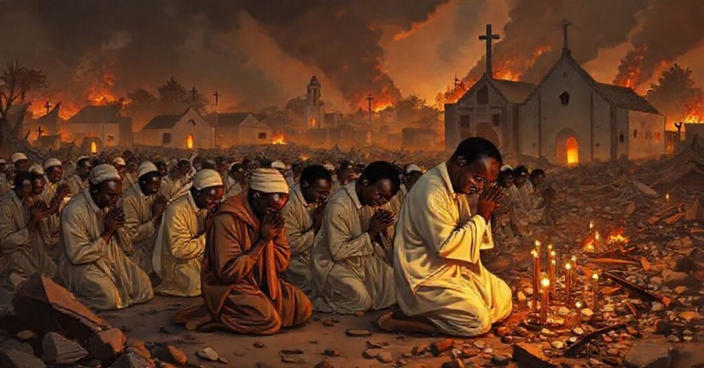 Sobieściowa scena ukazuje męczenników katolickich w Nigerii świadaną modlitwę w otoczeniu zniszczonych kościołów i palących się wiosek podczas prześladowań przez Boko Haram i ISWAP.