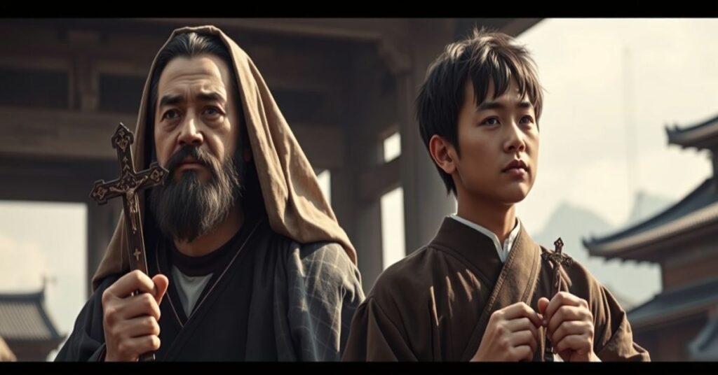 Święty Paweł Miki i Tomasz Kozakie stają przed egzekucją w Nagasaki, trzymając krzyże w gestach wiary.