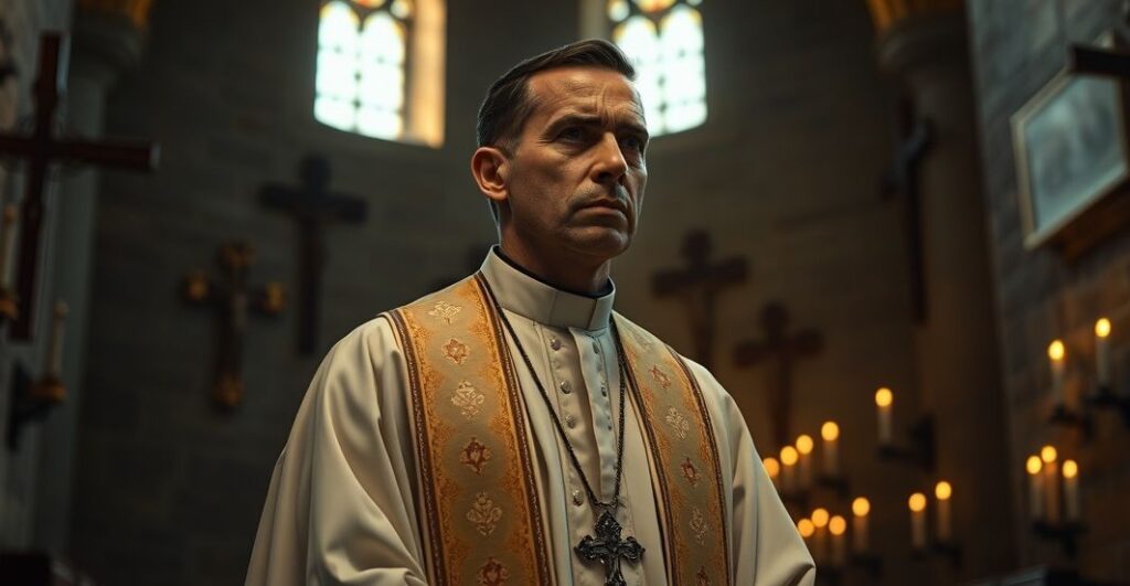 Rewerentny obraz katolickiego kapłana w kościele, wyraz żałoby i refleksji nad męczeństwem w Nigerii, ukazujący tradycyjną liturgię i duchową głębię.