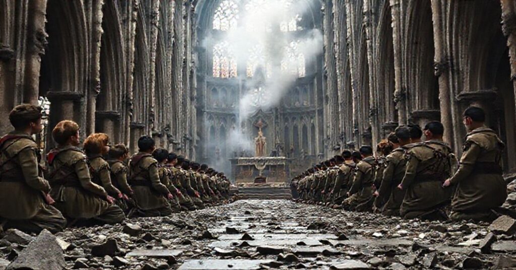 Młodzi skauci modlący się w ruinach katedry Notre Dame przed egzekucją przez nazistów, symbolizując prawdziwe męczeństwo za wiarę.