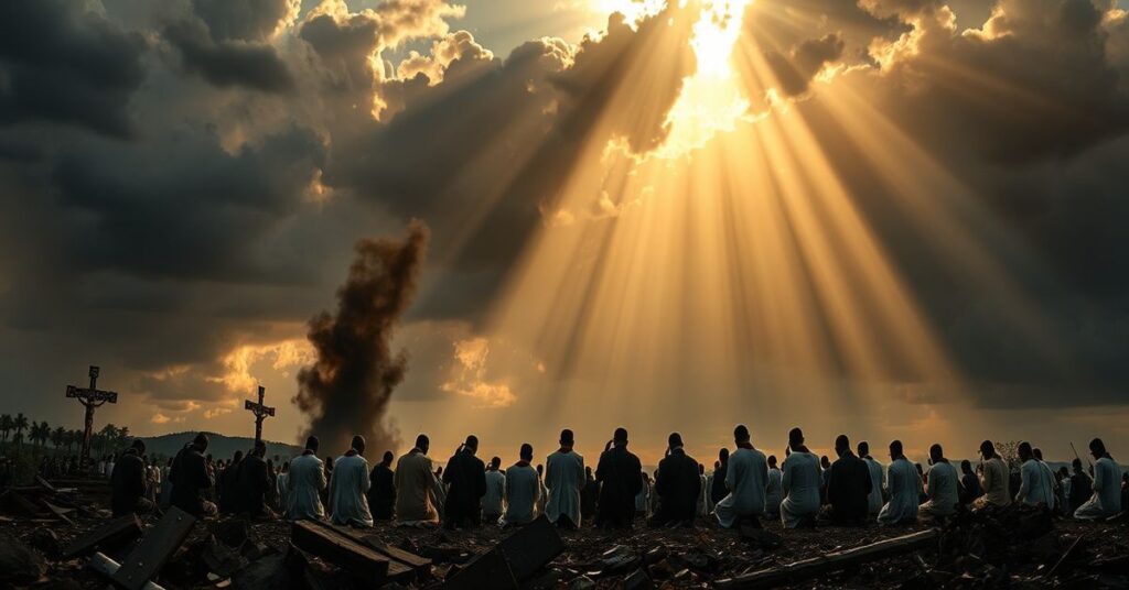 Chrześcijańscy męczennicy w Demokratycznej Republice Konga modlący się w ruinach kościoła po ataku ISIL-DRC (ADF).