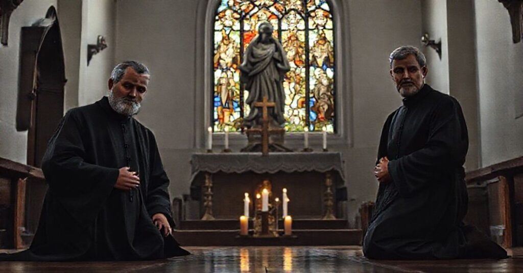 Tradycyjny wnętrze kościoła katolickiego z rzeźbą męczennika na tle, przedstawiające dwóch polskich księży modlących się w oczekiwaniu na męczeństwo.