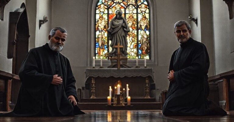 Tradycyjny wnętrze kościoła katolickiego z rzeźbą męczennika na tle, przedstawiające dwóch polskich księży modlących się w oczekiwaniu na męczeństwo.