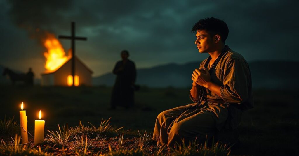 Tradycyjny katolicki męczennik Cristero modli się z różańcem przed krzyżem podczas wojny Cristero w Meksyku.