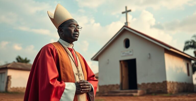 Catholic ksiądz w Nigerii, scena modlitwy i refleksji, symbolizująca męczeństwo i wierność Chrystusowi