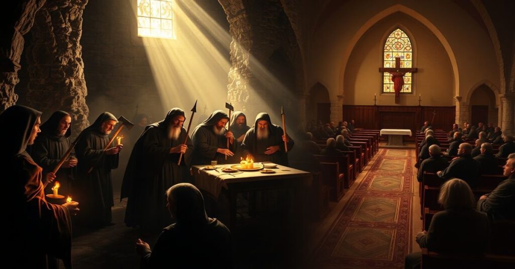 Św. Donan i mnisi broniący Hostii przed wikingami podczas ataku na Mszy Wielkanocnej na wyspie Eigg