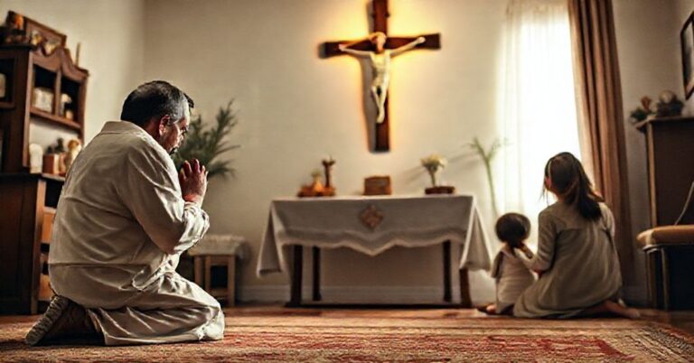 Polecający się mężczyzna w modlitwie przed krzyżem z rodziną w tle w tradycyjnym katolickim domu.