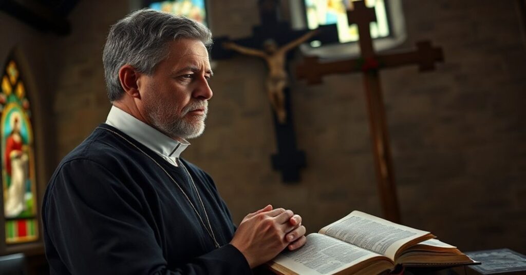 Mężczyzna w tradycyjnym stroju katolickim modli się przed starym kamiennym krzyżem w kaplicy