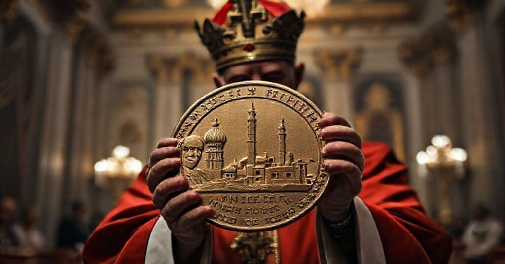 Błędny "papież" Leo XIV wręcza prezydentowi Turcji synkretyczny medal z obrazami katolickich świętych i meczetu.