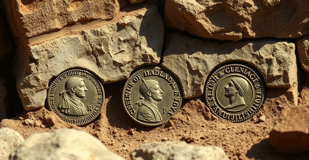 Fotografia realistyczna przedstawiająca trzy medale papieża Pawła II znalezione w fundamentach rzymskiego pałacu, symbolizujące pogańskie praktyki ukryte w katolickiej architekturze