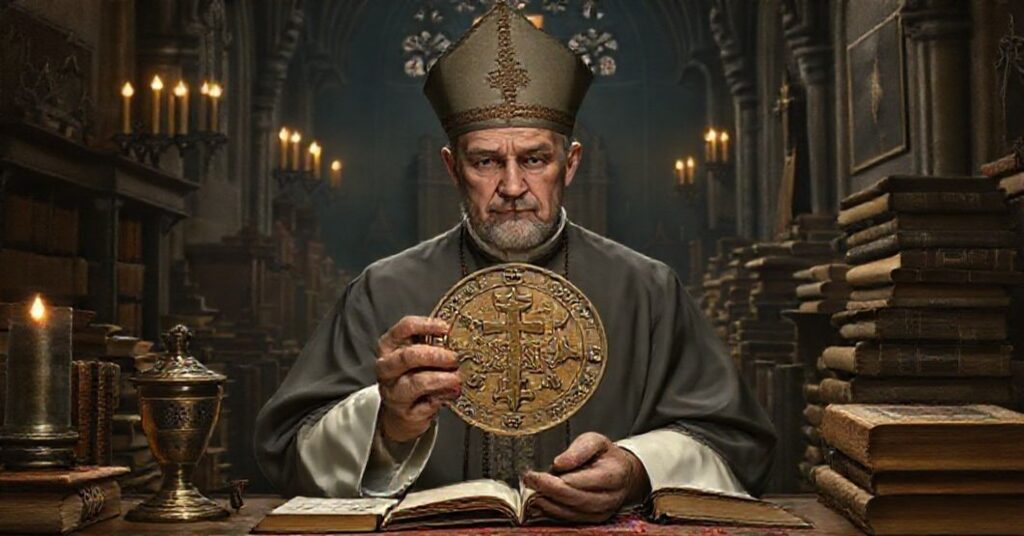 Sobieściowski katolik trzymający Medalik Cudowny w tradycyjnym kościele z elementami gotyckimi.