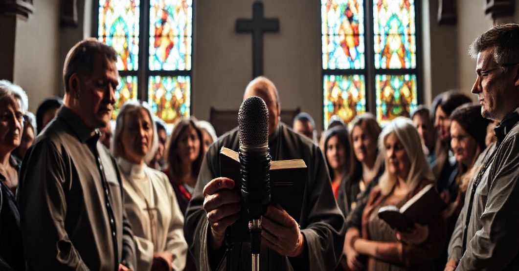 Tradycyjny katolicki wizerunek przedstawiający grupę laików skupionych wokół mikrofonu radiowego w kościele z przygnębionym księdzem w tle trzymającym brewiarz