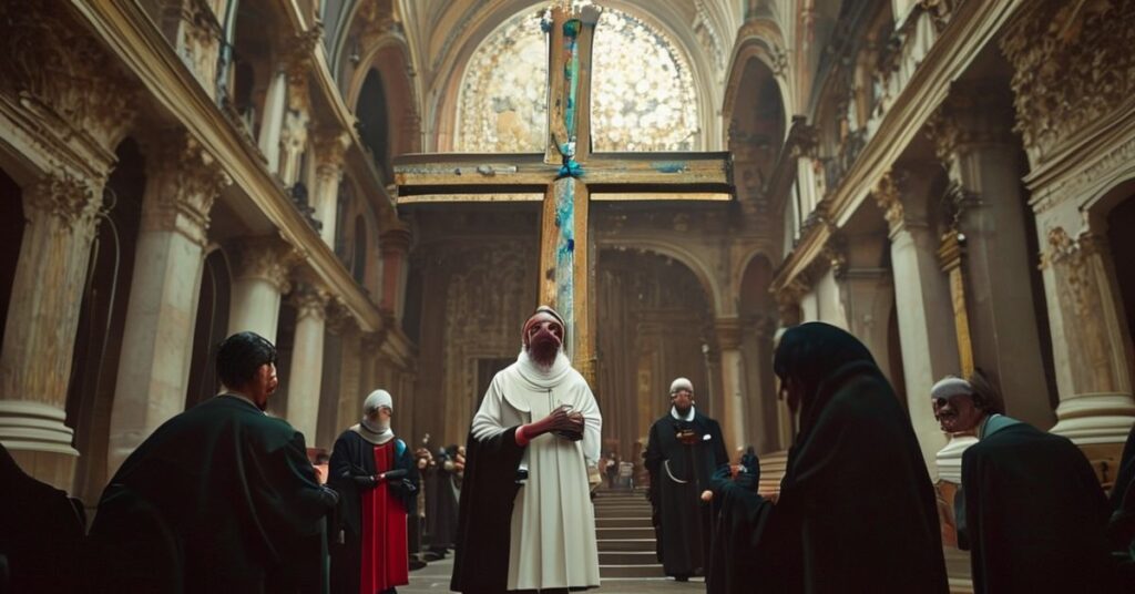 Wizytacja olimpijskiego krzyża w mediolańskiej bazylice św. Babiły podczas mszy świętej.