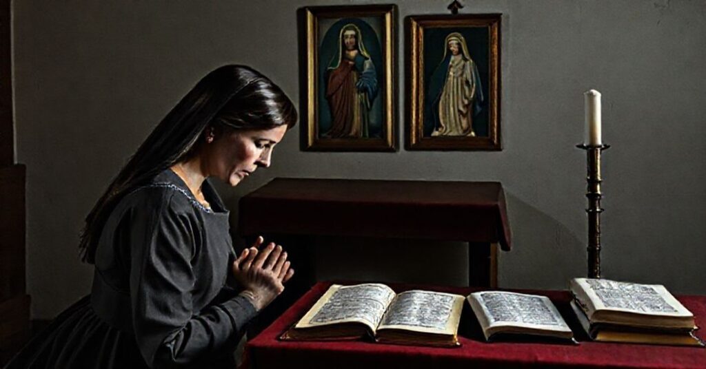 Anna Golędzinowska w modlitwie przed ołtarzem w Medugorju, z cieniem podstępnego złudzenia i obrazem Matki Boskiej z Fatimy na ścianie.