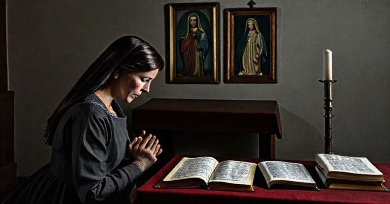 Anna Golędzinowska w modlitwie przed ołtarzem w Medugorju, z cieniem podstępnego złudzenia i obrazem Matki Boskiej z Fatimy na ścianie.