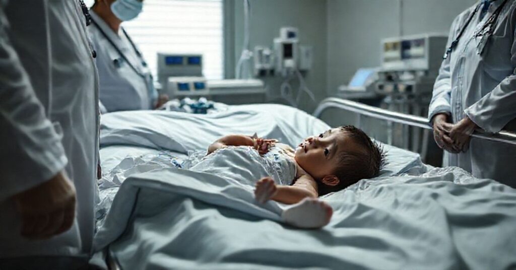 Realistyczny obraz dwuletniego dziecka uratowanego z tonących wody w szpitalu, otoczonego przez lekarzy i pielęgniarki.