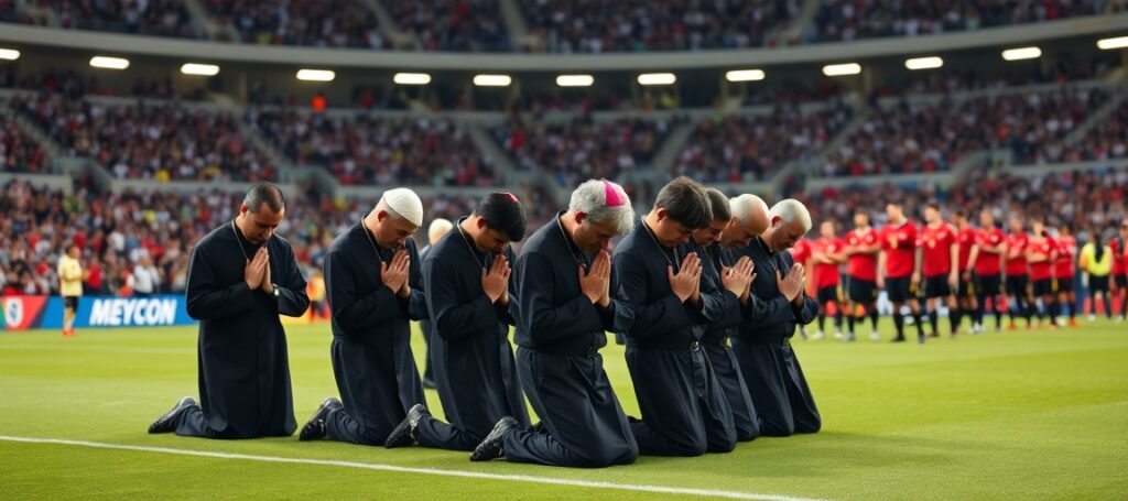Meksykańscy biskupi i księża modlący się z piłkarzami po meczu na stadionie podczas Mundialu – fałszywa jedność bez prawdziwej wiary katolickiej