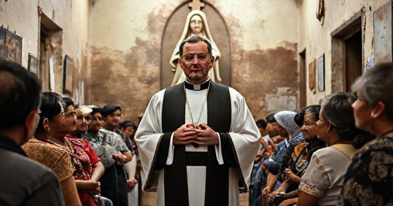 Ks. Tomasz Chlebowski w kaplicy w Meksyku z ludźmi szukającymi pocieszenia duchowego przed wątpliwą figurą „Św.” Filipy Mareri.