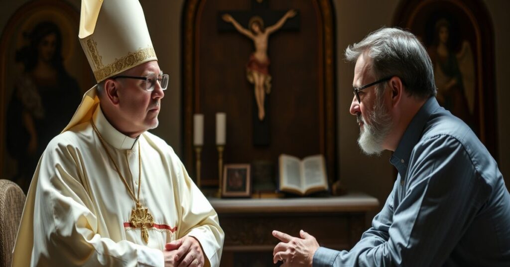 Mel Gibson i arcybiskup Viganò na planie filmu "Zmartwychwstanie", symbolizujący tradycjonalistyczny błąd