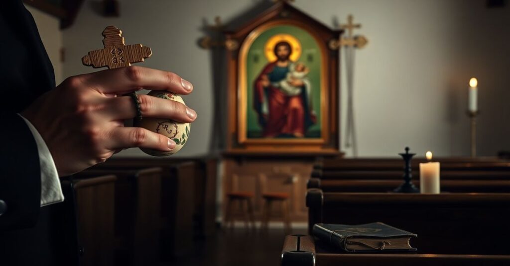 Melancholiczne widok kościoła w tradycyjnej polskiej wsi z symbolami Wielkanocy i blaknącym ikoną Zmartwychwstania.