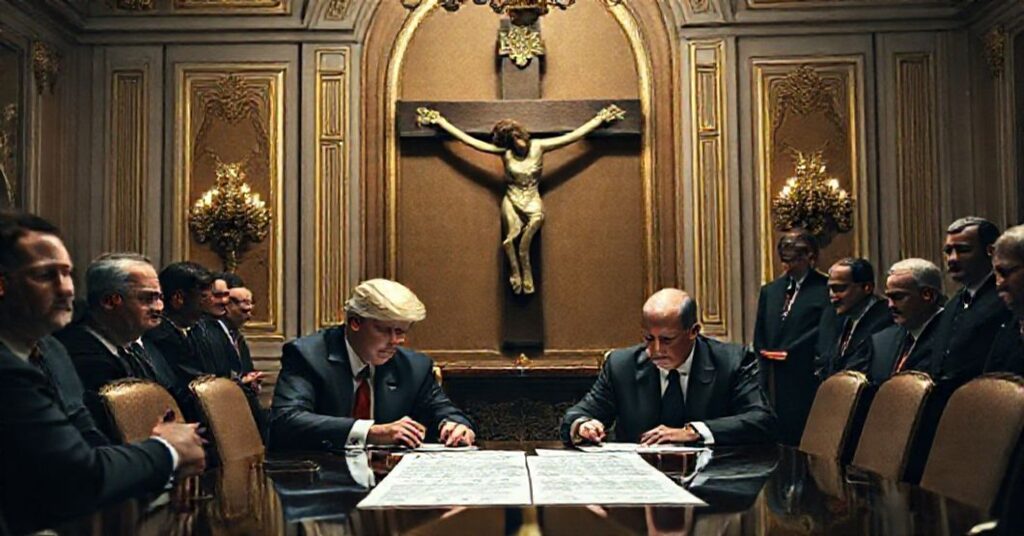 Scena podpisywania memorandum pokojowego przez Trumpa i Putina z krzyżem katolickim w tle.