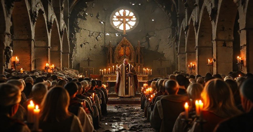 Kolekcja modlących się wiernych w zniszczonym kościele na Górnym Śląsku, pod kierownictwem księdza w tradycyjnych szatach liturgicznych, symbolizująca męczeństwo katolików w okresie komunistycznych prześladowań.