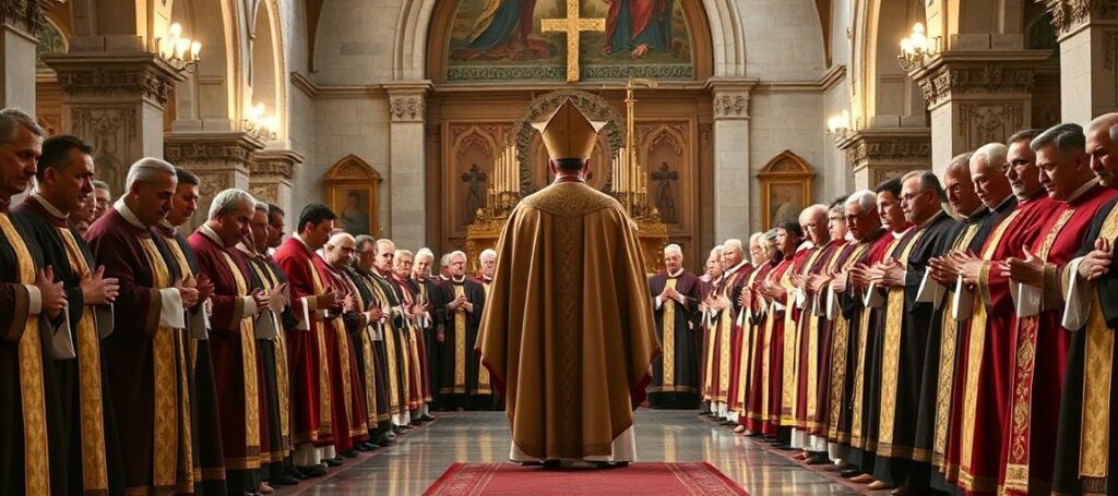 Scena 80 katolickich męczenników z hiszpańskiej wojny domowej modlący się przed tradycyjnym hiszpańskim kościołem podczas fałszywej beatyfikacji przez Leona XIV.