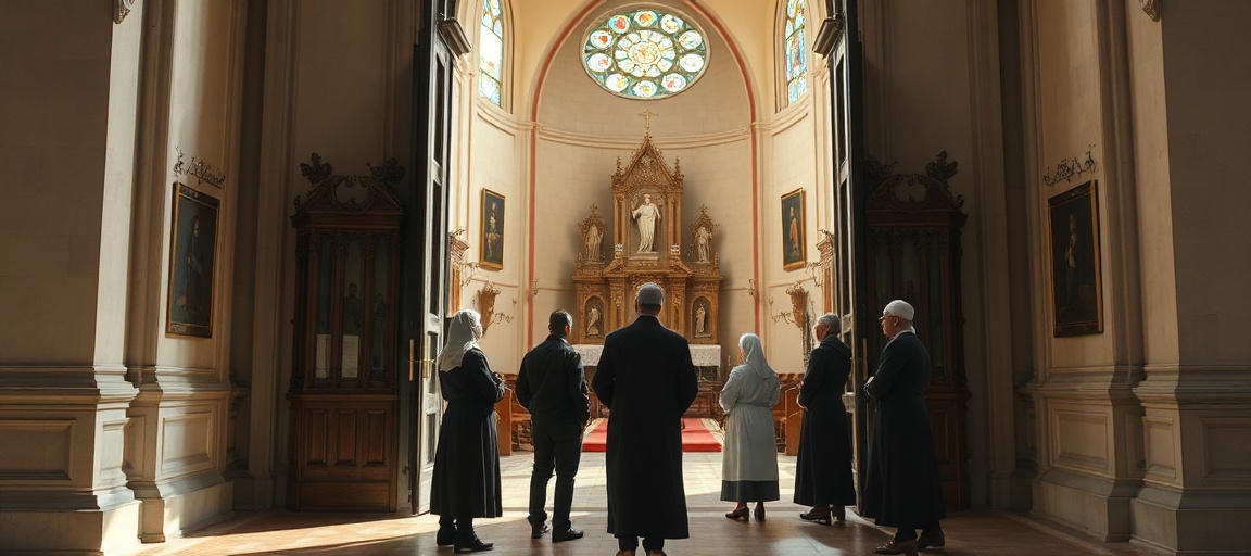 Kościół Świętych Piotra i Pawła w Rozgarcie z grupą kanadyjskich mennonitów na progu, patrzących na wnętrze świątyni.