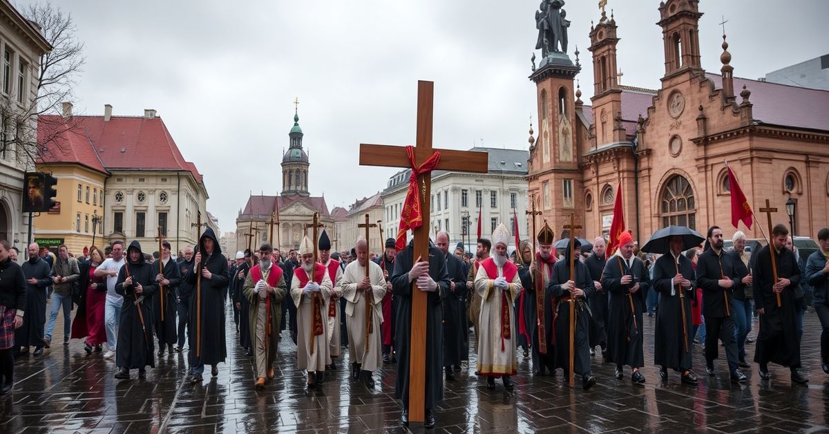 Grupa mężczyzn uczestniczy w Męskiej Drodze Krzyżowej w Krakowie pod kierownictwem kardynała Grzegorza Rysia