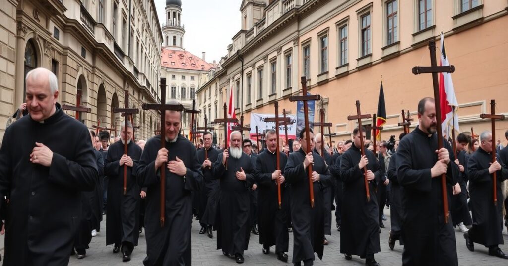 Grupa tradycyjnie ubranych mężczyzn modląca się podczas Męskiej Drogi Krzyżowej za Życiem w Warszawie w 2026 r.