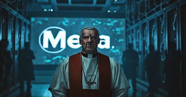 Prawdziwe zdjęcie przedstawiające katolickiego księdza w tradycyjnych habitu stojącego przed ekranem wyświetlającym Meta i dane finansowe. Scena podkreśla moralne zagrożenie technologii.