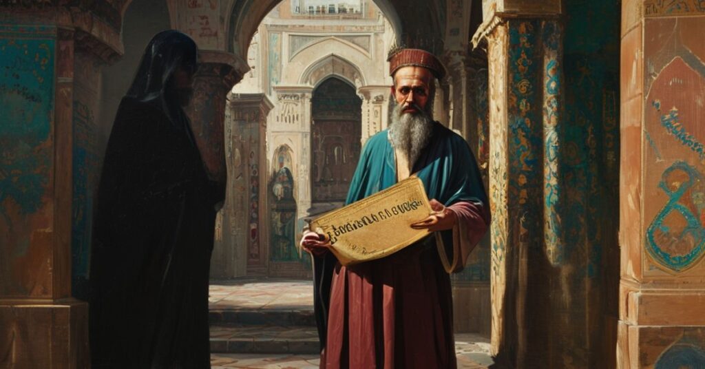 Metropolita Emanuel Adamakis z Chalcedonu stoi w starożytnym dziedzińcu Feneru w Konstantynopolu, trzymając dokument o autonomii dla Ukrainy.