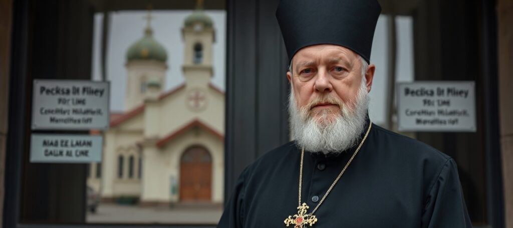 Metropolita Hilarion w tradycyjnym stroju prawosławnym przed komisariatem policji w Czechach