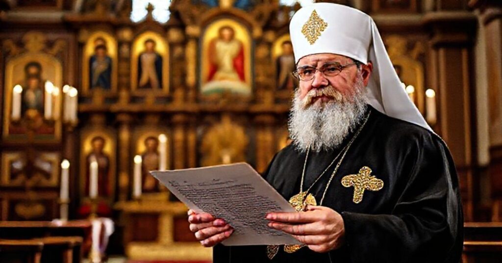 Metropolita Sawa Hrycuniak w tradycyjnym stroju prawosławnym stoi przed ikonostasem w historycznej cerkwi ukraińskiej. Trzyma list adresowany do patriarchy Bartłomieja.