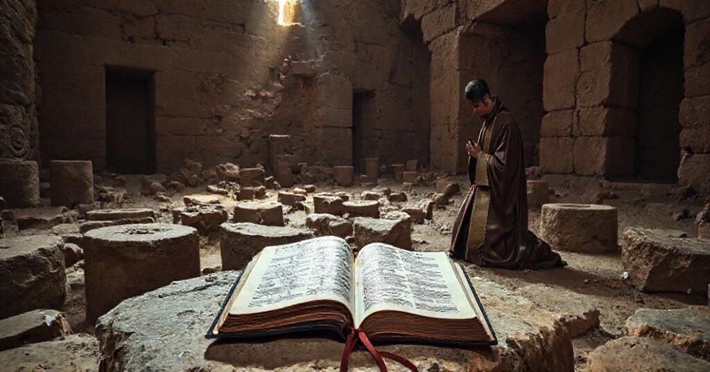 Stare ruiny mezopotamskie w Kani Shaie z Biblią na kamieniach i modlącym się kapłanem