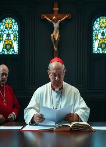 Mianowanie 'Biskupa' Randazzo do Dykasterii Tekstów Legislacyjnych Grupa duchownych neo-kościoła w tradycyjnym wnętrzu watykańskim rozważają dokumenty prawnicze.