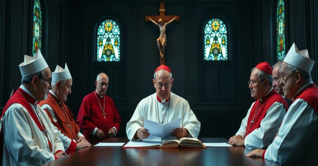 Grupa duchownych neo-kościoła w tradycyjnym wnętrzu watykańskim rozważają dokumenty prawnicze.