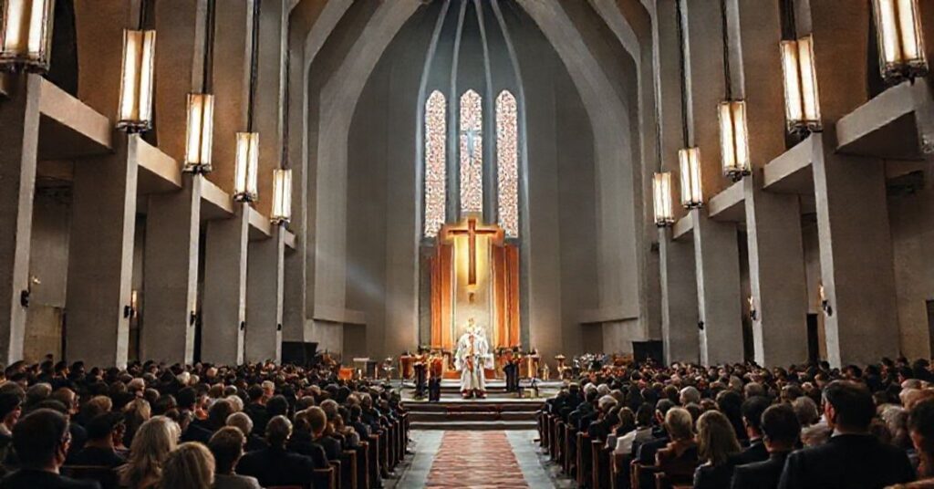 Wnętrze nowoczesnej katedry podczas zebrania wspólnoty "Miasto na Górze" w Bielsku-Białej