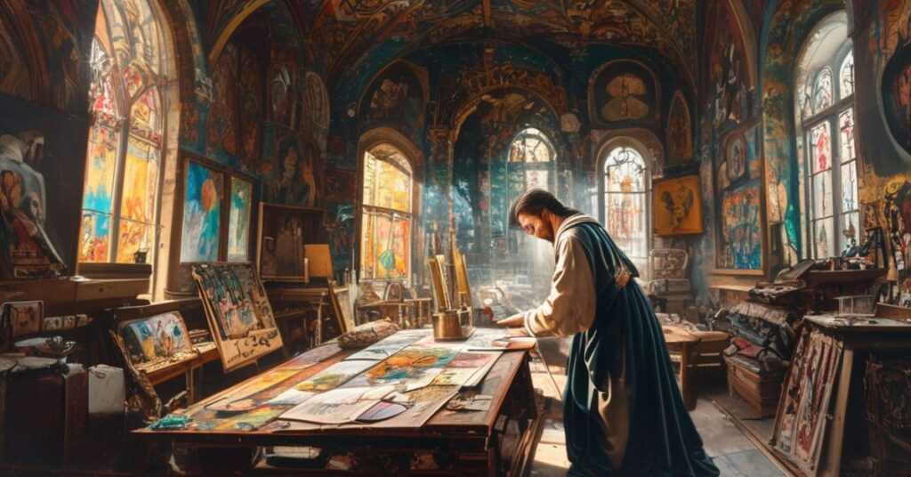 Michał Anioł pracuje nad sakralnymi freskami w renesansowym atelierze, otoczony tradycyjnymi elementami katolickimi.