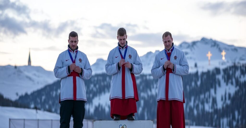 Michał Gołaś i Kacper Walas na podium paralimpijskim w tradycyjnych katolickich szatach z srebrnym medalem