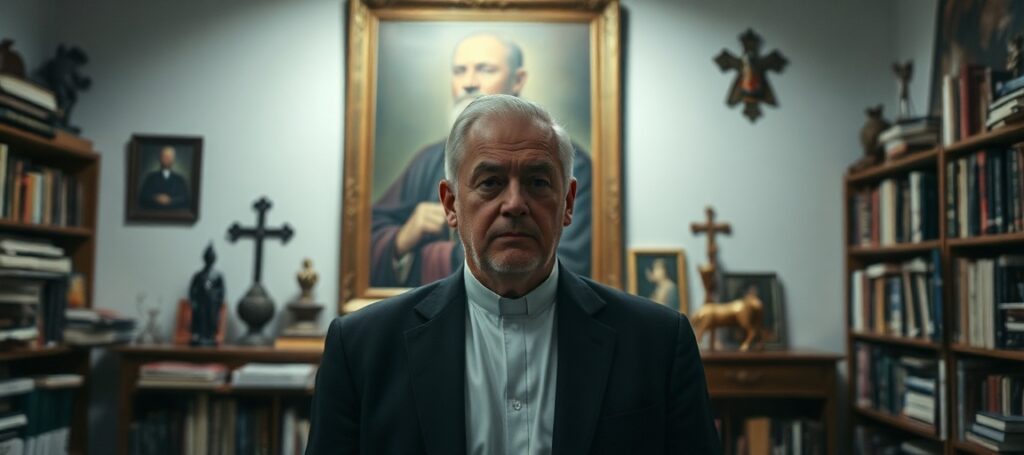 Portret Michała Senka, dyrektora Centrum Myśli Jana Pawła II w Warszawie, w pokoju pełnym książek i przedmiotów religijnych.