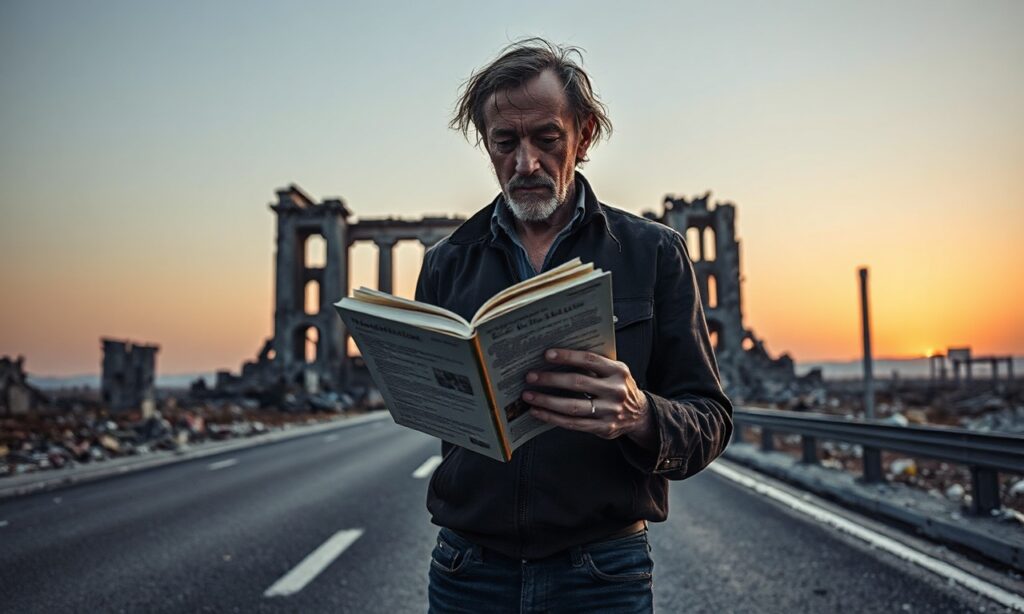 Michel Houellebecq stoi samotnie na opuszczonej autostradzie otoczony ruinami cywilizacji Zachodu. Jego twarz jest zarysowana smutkiem podczas recytacji wierszy z tomu 'Combat toujours perdant'. Scena jest otoczona ruinami dawnej architektury, symbolizując duchowy upadek świata odrzucił Chrystusa.